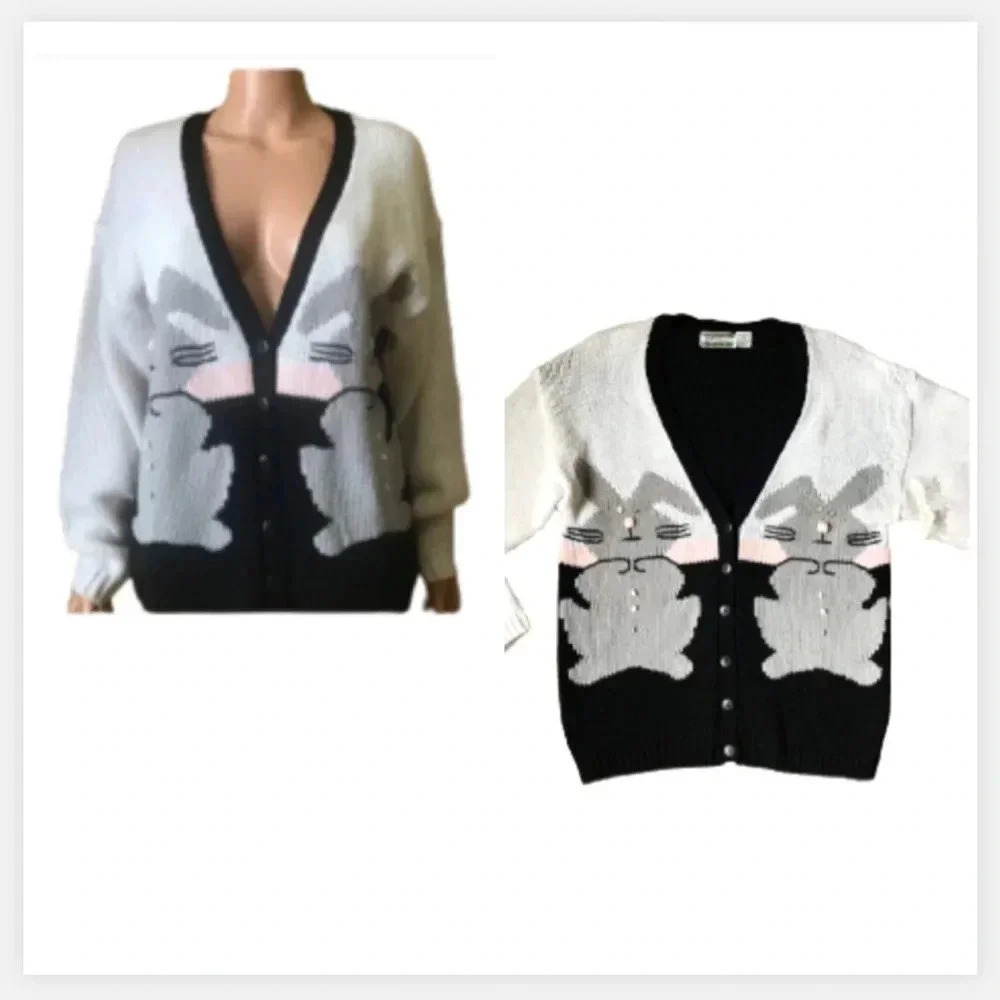 Vintage cozy cardigan cottage core  sweater black and white bunny print style‎